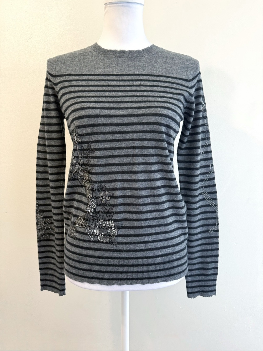ZADIG & VOLTAIRE CASHMERE GRAY BLACK STRIPE RHINESTONE STUD MERMAID ROSE SWEATER